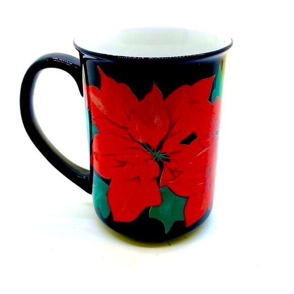 Poinsettia Coffee Mug Black w Red Christmas Flower Vintage Cup - Picture 1 of 8